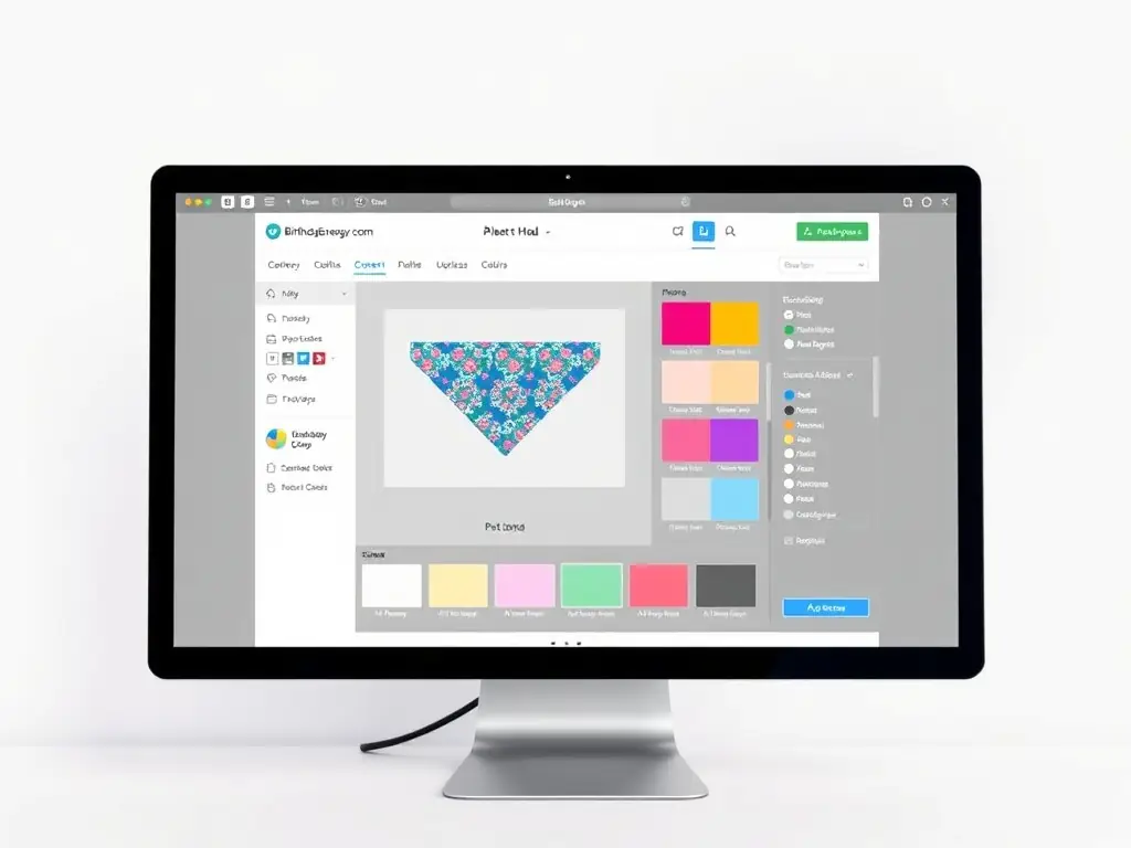 A screenshot of the BirthdayEnergy.com design tool, highlighting the AI-generated color palette options for a customizable pet bandana, showcasing various harmonious color combinations.